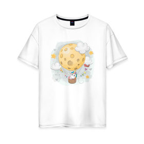 Женская футболка хлопок Oversize с принтом Единорог в космосе в Екатеринбурге, 100% хлопок | свободный крой, круглый ворот, спущенный рукав, длина до линии бедер
 | nasa | воздушный шар | единорог | звезды | космос | луна | милый | милый единорог