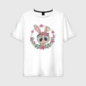 Женская футболка хлопок Oversize с принтом Милый зайка в Екатеринбурге, 100% хлопок | свободный крой, круглый ворот, спущенный рукав, длина до линии бедер
 | арт | детская | животные | заиц | зай | зайка | зайчонок | заяц | картинка | мылый | праздник | рисунок | цветочки