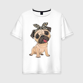 Женская футболка хлопок Oversize с принтом милый мопс в Екатеринбурге, 100% хлопок | свободный крой, круглый ворот, спущенный рукав, длина до линии бедер
 | versace | арт | версаче | гламурный | животные | золото | картинка | леопард | милый | мода | мопс | мопсиха | пес | песик | рисунок | собака