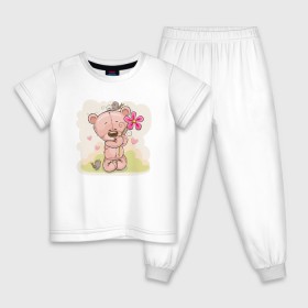 Детская пижама хлопок с принтом Милый мишка с цветочком в Екатеринбурге, 100% хлопок |  брюки и футболка прямого кроя, без карманов, на брюках мягкая резинка на поясе и по низу штанин
 | арт | воробушек | воробьи | животные | картинка | медведь | медвежонок | мишка | плюшевый мишка | подарок | птичка | рисунок | цветок | цветочки