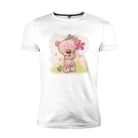 Мужская футболка премиум с принтом Милый мишка с цветочком в Екатеринбурге, 92% хлопок, 8% лайкра | приталенный силуэт, круглый вырез ворота, длина до линии бедра, короткий рукав | арт | воробушек | воробьи | животные | картинка | медведь | медвежонок | мишка | плюшевый мишка | подарок | птичка | рисунок | цветок | цветочки