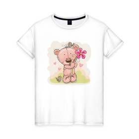 Женская футболка хлопок с принтом Милый мишка с цветочком в Екатеринбурге, 100% хлопок | прямой крой, круглый вырез горловины, длина до линии бедер, слегка спущенное плечо | арт | воробушек | воробьи | животные | картинка | медведь | медвежонок | мишка | плюшевый мишка | подарок | птичка | рисунок | цветок | цветочки