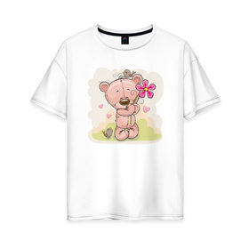 Женская футболка хлопок Oversize с принтом Милый мишка с цветочком в Екатеринбурге, 100% хлопок | свободный крой, круглый ворот, спущенный рукав, длина до линии бедер
 | арт | воробушек | воробьи | животные | картинка | медведь | медвежонок | мишка | плюшевый мишка | подарок | птичка | рисунок | цветок | цветочки