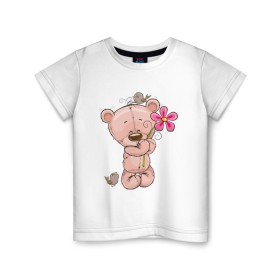Детская футболка хлопок с принтом Милый мишка с цветочком в Екатеринбурге, 100% хлопок | круглый вырез горловины, полуприлегающий силуэт, длина до линии бедер | арт | воробушек | воробьи | животные | картинка | медведь | медвежонок | мишка | плюшевый мишка | подарок | птичка | рисунок | цветок | цветочки