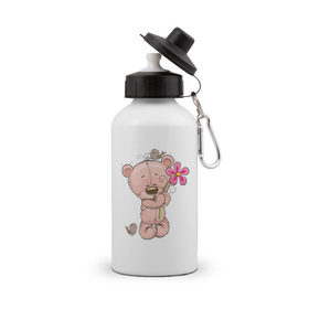 Бутылка спортивная с принтом Милый мишка с цветочком в Екатеринбурге, металл | емкость — 500 мл, в комплекте две пластиковые крышки и карабин для крепления | арт | воробушек | воробьи | животные | картинка | медведь | медвежонок | мишка | плюшевый мишка | подарок | птичка | рисунок | цветок | цветочки