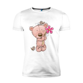 Мужская футболка премиум с принтом Милый мишка с цветочком в Екатеринбурге, 92% хлопок, 8% лайкра | приталенный силуэт, круглый вырез ворота, длина до линии бедра, короткий рукав | арт | воробушек | воробьи | животные | картинка | медведь | медвежонок | мишка | плюшевый мишка | подарок | птичка | рисунок | цветок | цветочки
