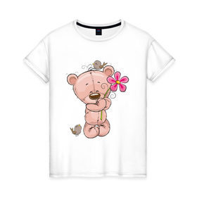 Женская футболка хлопок с принтом Милый мишка с цветочком в Екатеринбурге, 100% хлопок | прямой крой, круглый вырез горловины, длина до линии бедер, слегка спущенное плечо | арт | воробушек | воробьи | животные | картинка | медведь | медвежонок | мишка | плюшевый мишка | подарок | птичка | рисунок | цветок | цветочки