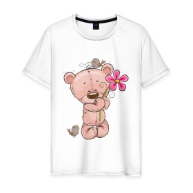 Мужская футболка хлопок с принтом Милый мишка с цветочком в Екатеринбурге, 100% хлопок | прямой крой, круглый вырез горловины, длина до линии бедер, слегка спущенное плечо. | арт | воробушек | воробьи | животные | картинка | медведь | медвежонок | мишка | плюшевый мишка | подарок | птичка | рисунок | цветок | цветочки
