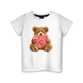 Детская футболка хлопок с принтом Плюшевый медведь с сердечком в Екатеринбурге, 100% хлопок | круглый вырез горловины, полуприлегающий силуэт, длина до линии бедер | арт | животные | картинка | медвежонок | мишка | плюшевый медведь | рисунок | розовые цветы | розочки | розы | сердечко | сердце | сердце из роз | цветы