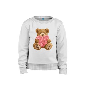 Детский свитшот хлопок с принтом Плюшевый медведь с сердечком в Екатеринбурге, 100% хлопок | круглый вырез горловины, эластичные манжеты, пояс и воротник | арт | животные | картинка | медвежонок | мишка | плюшевый медведь | рисунок | розовые цветы | розочки | розы | сердечко | сердце | сердце из роз | цветы