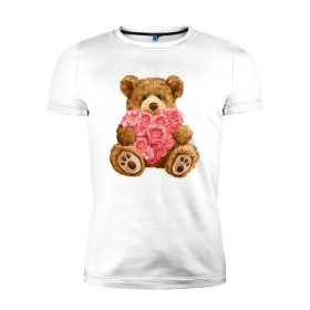 Мужская футболка премиум с принтом Плюшевый медведь с сердечком в Екатеринбурге, 92% хлопок, 8% лайкра | приталенный силуэт, круглый вырез ворота, длина до линии бедра, короткий рукав | Тематика изображения на принте: арт | животные | картинка | медвежонок | мишка | плюшевый медведь | рисунок | розовые цветы | розочки | розы | сердечко | сердце | сердце из роз | цветы