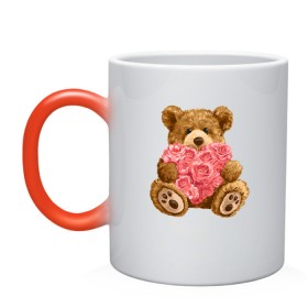Кружка хамелеон с принтом Плюшевый медведь с сердечком в Екатеринбурге, керамика | меняет цвет при нагревании, емкость 330 мл | арт | животные | картинка | медвежонок | мишка | плюшевый медведь | рисунок | розовые цветы | розочки | розы | сердечко | сердце | сердце из роз | цветы