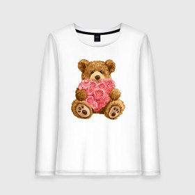 Женский лонгслив хлопок с принтом Плюшевый медведь с сердечком в Екатеринбурге, 100% хлопок |  | арт | животные | картинка | медвежонок | мишка | плюшевый медведь | рисунок | розовые цветы | розочки | розы | сердечко | сердце | сердце из роз | цветы
