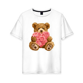 Женская футболка хлопок Oversize с принтом Плюшевый медведь с сердечком в Екатеринбурге, 100% хлопок | свободный крой, круглый ворот, спущенный рукав, длина до линии бедер
 | арт | животные | картинка | медвежонок | мишка | плюшевый медведь | рисунок | розовые цветы | розочки | розы | сердечко | сердце | сердце из роз | цветы