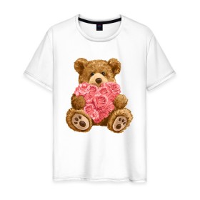 Мужская футболка хлопок с принтом Плюшевый медведь с сердечком в Екатеринбурге, 100% хлопок | прямой крой, круглый вырез горловины, длина до линии бедер, слегка спущенное плечо. | Тематика изображения на принте: арт | животные | картинка | медвежонок | мишка | плюшевый медведь | рисунок | розовые цветы | розочки | розы | сердечко | сердце | сердце из роз | цветы