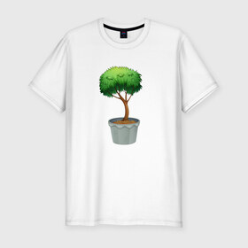 Мужская футболка хлопок Slim с принтом Дерево в Екатеринбурге, 92% хлопок, 8% лайкра | приталенный силуэт, круглый вырез ворота, длина до линии бедра, короткий рукав | Тематика изображения на принте: бонсай | дерево | зелень | маленькое | мини | природа | рисунок | стикер