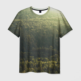 Мужская футболка 3D с принтом Летний лес в Екатеринбурге, 100% полиэфир | прямой крой, круглый вырез горловины, длина до линии бедер | дерево | деревья | зеленый | лес | лето | небо | облако | солнце | темный | ярко