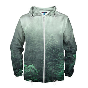 Мужская ветровка 3D с принтом Туманный лес в Екатеринбурге, 100% полиэстер | подол и капюшон оформлены резинкой с фиксаторами, два кармана без застежек по бокам, один потайной карман на груди | Тематика изображения на принте: дерево | деревья | зеленый | лес | облака | облако | снег | темный