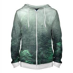 Мужская толстовка 3D на молнии с принтом Туманный лес в Екатеринбурге, 100% полиэстер | длина до линии бедра, манжеты и пояс оформлены мягкой тканевой резинкой, двухслойный капюшон со шнурком для регулировки, спереди молния, по бокам два кармана | дерево | деревья | зеленый | лес | облака | облако | снег | темный