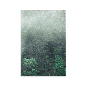 Обложка для паспорта матовая кожа с принтом Туманный лес в Екатеринбурге, натуральная матовая кожа | размер 19,3 х 13,7 см; прозрачные пластиковые крепления | Тематика изображения на принте: дерево | деревья | зеленый | лес | облака | облако | снег | темный