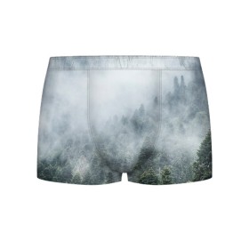 Мужские трусы 3D с принтом Туманный лес в Екатеринбурге, 50% хлопок, 50% полиэстер | классическая посадка, на поясе мягкая тканевая резинка | Тематика изображения на принте: белый | зеленый | лес | облака | облако | природа | темный | туман