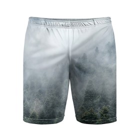 Мужские шорты спортивные с принтом Туманный лес в Екатеринбурге,  |  | Тематика изображения на принте: белый | зеленый | лес | облака | облако | природа | темный | туман