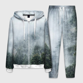 Мужской костюм 3D с принтом Туманный лес в Екатеринбурге, 100% полиэстер | Манжеты и пояс оформлены тканевой резинкой, двухслойный капюшон со шнурком для регулировки, карманы спереди | белый | зеленый | лес | облака | облако | природа | темный | туман