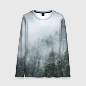 Мужской лонгслив 3D с принтом Туманный лес в Екатеринбурге, 100% полиэстер | длинные рукава, круглый вырез горловины, полуприлегающий силуэт | Тематика изображения на принте: белый | зеленый | лес | облака | облако | природа | темный | туман