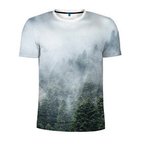 Мужская футболка 3D спортивная с принтом Туманный лес в Екатеринбурге, 100% полиэстер с улучшенными характеристиками | приталенный силуэт, круглая горловина, широкие плечи, сужается к линии бедра | Тематика изображения на принте: белый | зеленый | лес | облака | облако | природа | темный | туман
