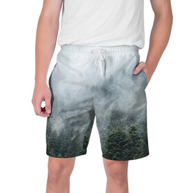 Мужские шорты 3D с принтом Туманный лес в Екатеринбурге,  полиэстер 100% | прямой крой, два кармана без застежек по бокам. Мягкая трикотажная резинка на поясе, внутри которой широкие завязки. Длина чуть выше колен | белый | зеленый | лес | облака | облако | природа | темный | туман