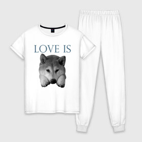 Женская пижама хлопок с принтом Любовь - это акита в Екатеринбурге, 100% хлопок | брюки и футболка прямого кроя, без карманов, на брюках мягкая резинка на поясе и по низу штанин | акита | акита ину | дрессировка | забота | любовь | собака | собаки | собачка | собачник | увлечение | хобби | шиба ину