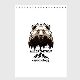 Скетчбук с принтом hibernation в Екатеринбурге, 100% бумага
 | 48 листов, плотность листов — 100 г/м2, плотность картонной обложки — 250 г/м2. Листы скреплены сверху удобной пружинной спиралью | cryobiology | hibernation | бездействие | горы | зимняя спячка | криобиология | лес | медведь | сон | спячка