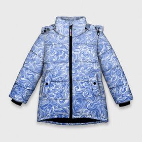 Зимняя куртка для девочек 3D с принтом Волны на голубом фоне в Екатеринбурге, ткань верха — 100% полиэстер; подклад — 100% полиэстер, утеплитель — 100% полиэстер. | длина ниже бедра, удлиненная спинка, воротник стойка и отстегивающийся капюшон. Есть боковые карманы с листочкой на кнопках, утяжки по низу изделия и внутренний карман на молнии. 

Предусмотрены светоотражающий принт на спинке, радужный светоотражающий элемент на пуллере молнии и на резинке для утяжки. | textures | абстракция | белый | вода | водный | водяной | волны | дудл | дудлинг | завитки | загогулини | линии | морской | полосы | текстуры | фон