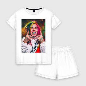 Женская пижама с шортиками хлопок с принтом 6ix9ine в Екатеринбурге, 100% хлопок | футболка прямого кроя, шорты свободные с широкой мягкой резинкой | 6ix9ine | tekashi | возвращение | крыса | сикснайн | текаши