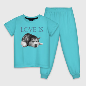 Детская пижама хлопок с принтом Любовь - это хаски в Екатеринбурге, 100% хлопок |  брюки и футболка прямого кроя, без карманов, на брюках мягкая резинка на поясе и по низу штанин
 | дрессировка | забота | любовь | сибирский хаски | собака | собаки | собачка | собачник | увлечение | хаски | хобби