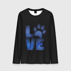 Мужской лонгслив 3D с принтом Любовь к собакам и животным в Екатеринбурге, 100% полиэстер | длинные рукава, круглый вырез горловины, полуприлегающий силуэт | английский | большие буквы | иностранные | лапа | любит животных | любитель собак | любовь | надпись | синий | след | слово | смысл | собачник