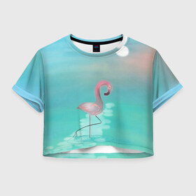 Женская футболка Crop-top 3D с принтом Фламинго в Екатеринбурге, 100% полиэстер | круглая горловина, длина футболки до линии талии, рукава с отворотами | арт | гора | графика | дельфин | животные | за | закат | картинка | кит | мной | море | небо | облака | пальма | пара | песок | пляж | побережье | радуга | рисунок | следуй | солнце | сюрреализм | фламинго