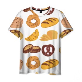 Мужская футболка 3D с принтом Булки в Екатеринбурге, 100% полиэфир | прямой крой, круглый вырез горловины, длина до линии бедер | doodling | textures | tiles | булка | вкусно | выпечка | дудлинг | круассан | тайлы | текстуры | фон | хлеб