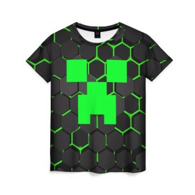 Женская футболка 3D с принтом MINECRAFT CREEPER в Екатеринбурге, 100% полиэфир ( синтетическое хлопкоподобное полотно) | прямой крой, круглый вырез горловины, длина до линии бедер | block | creeper | cube | minecraft | pixel | блок | геометрия | крафт | крипер | кубики | майнкрафт | пиксели