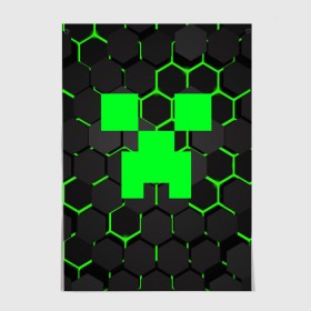 Постер с принтом MINECRAFT CREEPER в Екатеринбурге, 100% бумага
 | бумага, плотность 150 мг. Матовая, но за счет высокого коэффициента гладкости имеет небольшой блеск и дает на свету блики, но в отличии от глянцевой бумаги не покрыта лаком | block | creeper | cube | minecraft | pixel | блок | геометрия | крафт | крипер | кубики | майнкрафт | пиксели