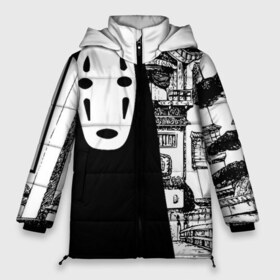 Женская зимняя куртка 3D с принтом No-Face Spirited Away Ghibli в Екатеринбурге, верх — 100% полиэстер; подкладка — 100% полиэстер; утеплитель — 100% полиэстер | длина ниже бедра, силуэт Оверсайз. Есть воротник-стойка, отстегивающийся капюшон и ветрозащитная планка. 

Боковые карманы с листочкой на кнопках и внутренний карман на молнии | Тематика изображения на принте: ghibli | hayao miyazaki | no face | spirited away | studio ghibli | аниме | безликий | гибли | манга | унесенные призраками