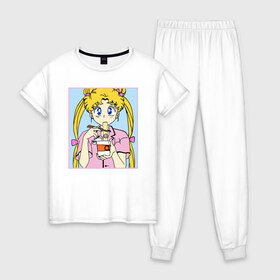 Женская пижама хлопок с принтом Sailor Moon Usagi Tsukino в Екатеринбурге, 100% хлопок | брюки и футболка прямого кроя, без карманов, на брюках мягкая резинка на поясе и по низу штанин | anime | kawaii | manga | sailor moon | sailor senshi | usagi tsukino | аниме | воин в матроске | манга | сейлор мун | усаги цукино