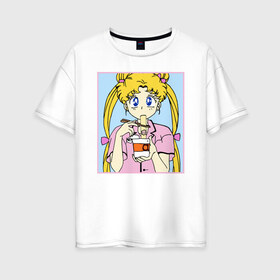 Женская футболка хлопок Oversize с принтом Sailor Moon Usagi Tsukino в Екатеринбурге, 100% хлопок | свободный крой, круглый ворот, спущенный рукав, длина до линии бедер
 | anime | kawaii | manga | sailor moon | sailor senshi | usagi tsukino | аниме | воин в матроске | манга | сейлор мун | усаги цукино