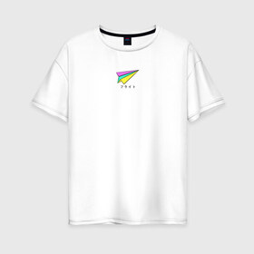 Женская футболка хлопок Oversize с принтом Бумажный самолетик в Екатеринбурге, 100% хлопок | свободный крой, круглый ворот, спущенный рукав, длина до линии бедер
 | бумажный самолёт | иероглифы | надпись на японском | оригами | радуга | самолётик | цветной