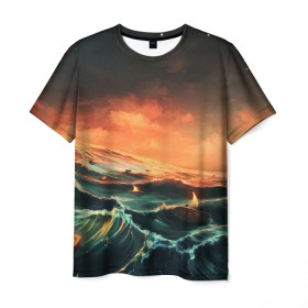 Мужская футболка 3D с принтом Фэнтези море корабли закат в Екатеринбурге, 100% полиэфир | прямой крой, круглый вырез горловины, длина до линии бедер | волнение | волны | графика | закат | корабли | море | не сочетаемое | ореховая скорлупа | рассвет | рисунок | свечи | сон | фантастика | фэнтези | шторм