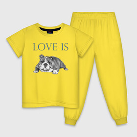 Детская пижама хлопок с принтом Любовь - это бульдог в Екатеринбурге, 100% хлопок |  брюки и футболка прямого кроя, без карманов, на брюках мягкая резинка на поясе и по низу штанин
 | Тематика изображения на принте: английский бульдог | бульдог | дрессировка | забота | любовь | собака | собаки | собачка | собачник | увлечение | хобби