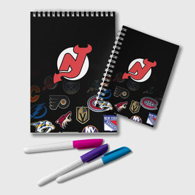 Блокнот с принтом NHL New Jersey Devils (Z) в Екатеринбурге, 100% бумага | 48 листов, плотность листов — 60 г/м2, плотность картонной обложки — 250 г/м2. Листы скреплены удобной пружинной спиралью. Цвет линий — светло-серый
 | anaheim ducks | arizona coyotes | boston bruins | buffalo sabres | calgary flames | carolina hurricanes | chicago blackhawks | colorado | hockey | new jersey devils | nhl | нхл | паттерн | спорт | хоккей