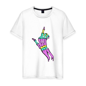 Мужская футболка хлопок с принтом Костяной фак в Екатеринбурге, 100% хлопок | прямой крой, круглый вырез горловины, длина до линии бедер, слегка спущенное плечо. | жест | кости | радуга | скелет | цветной | череп