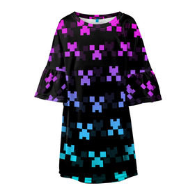 Детское платье 3D с принтом MINECRAFT CREEPER NEON в Екатеринбурге, 100% полиэстер | прямой силуэт, чуть расширенный к низу. Круглая горловина, на рукавах — воланы | block | creeper | cube | minecraft | neon | pixel | блок | геометрия | крафт | крипер | кубики | майнкрафт | неон | пиксели