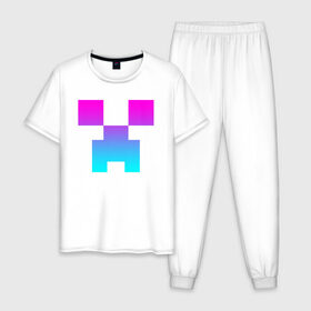 Мужская пижама хлопок с принтом MINECRAFT CREEPER NEON в Екатеринбурге, 100% хлопок | брюки и футболка прямого кроя, без карманов, на брюках мягкая резинка на поясе и по низу штанин
 | block | creeper | cube | minecraft | pixel | блок | геометрия | крафт | крипер | кубики | майнкрафт | пиксели